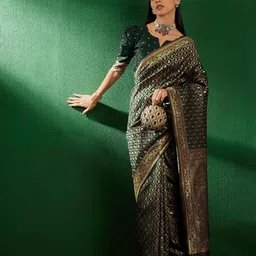 Sangria Green Ethnic Motifs Woven Design Zari Banarasi Saree-image-49