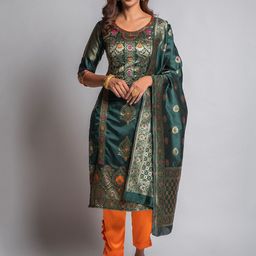 Lilots Green & Orange Unstitched Dress Material-image-19
