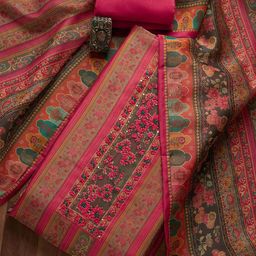 Koskii Pink & Green Embroidered Art Silk Unstitched Dress Material-image-2