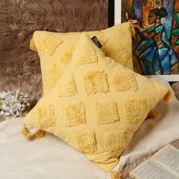 HOSTA HOMES Set Of 2 Yellow Geometric Pure Cotton Square Cushion Covers-17