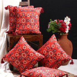HOSTA HOMES Red & Blue Set of 5 Ethnic Motifs Velvet Square Cushion Covers-1