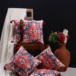 HOSTA HOMES Blue & Red Set of 5 Ethnic Motifs Velvet Square Cushion Covers-17