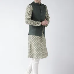 KISAH Men Green & Cream-Coloured Solid Churidar Kurta with Nehru Jacket image 3