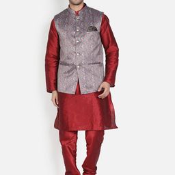 Armaan Ethnic Mandarin Collar Dupion Silk Kurta with Churidar And Printed Nehru Jacket image 1