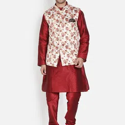 Armaan Ethnic Mandarin Collar Dupion Silk Kurta with Churidar And Printed Nehru Jacket-12