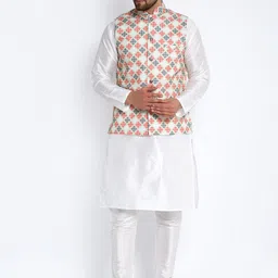 Benstoke Men White Printed Dupion Silk Kurta With Churidar-image-62