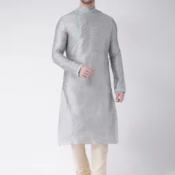 DEYANN Men Silver-Toned Dupion Silk Kurta with Churidar-image-39