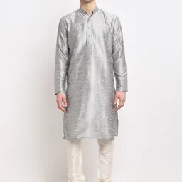 Jompers Men Silver-Toned & White Dupion Silk Kurta with Churidar-13