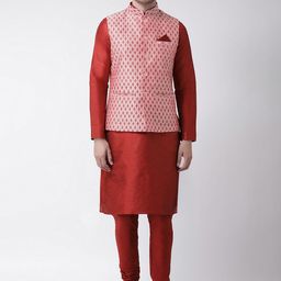 DEYANN Men Peach-Coloured Layered Dupion Silk Kurta with Churidar-picture-13