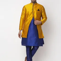 Benstoke Men Blue Dupion Silk Kurta Ethnic Jacket set with Churidar-image-96