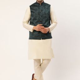 Jompers Men Cream-Coloured & Teal Green Thread Work Kurta with Pyjamas & Nehru Jacket-image-68