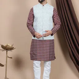 Anouk Purple Ethnic Motifs Woven Design Mandarin Collar Straight Kurta & Nehru Jacket-23