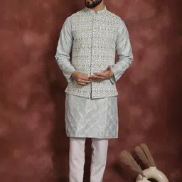 Anouk Embroidered Regular Thread Work Kurta Churidar with Nehru jacket-68