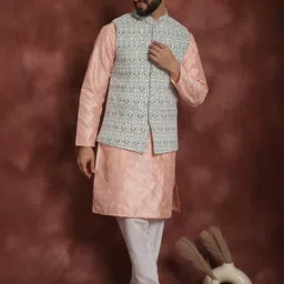 Anouk Pink Ethnic Motifs Embroidered Straight Kurta With Churidar & Nehru Jacket-13