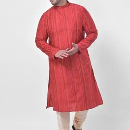 DEYANN PLUS Men Red Striped Pleated Kurta with Churidar-image-70