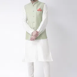 KISAH Men White & Lime Green Layered Kurta with Churidar & Jacket-picture-3