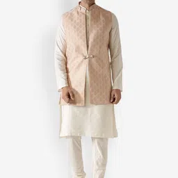 KISAH Men Beige Embroidered Kurta with Churidar & Jacket-picture-36