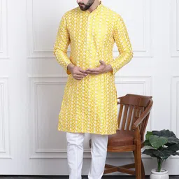 SOJANYA Men Yellow & White Embroidered Kurta with Churidar-image-12