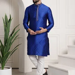 SOJANYA Men Blue & Off-White Self Design Kurta with Churidar-picture-33