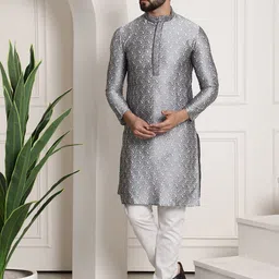 SOJANYA Men Grey & Off-White Self Design Kurta with Churidar-picture-17