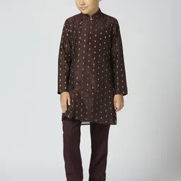 YK Boys Ethnic Motifs Woven Design Mandarin Collar Chanderi Cotton Kurta With Trouser-picture-49