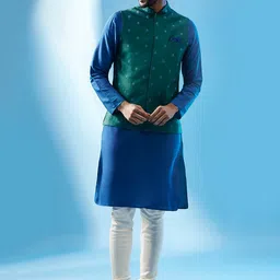 KISAH Mandarin Collar Regular Kurta With Churidar & Embroidered Nehru jacket image 1
