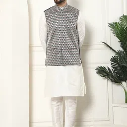 SOJANYA Mandarin Collar Kurta With Churidar & Embroidered Nehru Jacket-picture-17