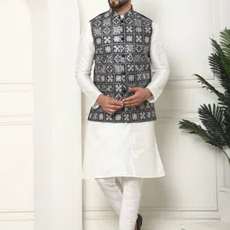 SOJANYA Mandarin Collar Kurta With Churidar & Embroidered Nehru Jacket-picture-34