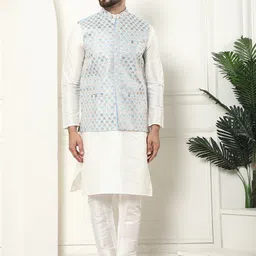 SOJANYA Mandarin Collar Kurta With Churidar & Embroidered Nehru Jacket-image-24