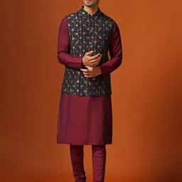 KISAH Regular Kurta With Churidar & Woven Design Nehru Jacket image 1