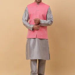 KRAFT INDIA Mandarin Collar Kurta With Churidar & Striped Sequinned Nehru Jacket-image-89