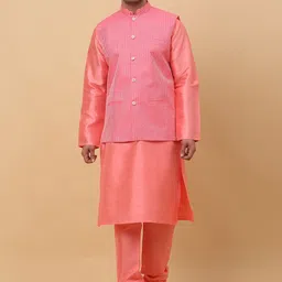 KRAFT INDIA Mandarin Collar Kurta With Churidar & Striped Sequinned Nehru Jacket-image-93