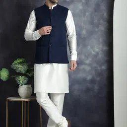 Jompers Mandarin Collar Kurta With Churidar & Nehru Jacket Set-image-60