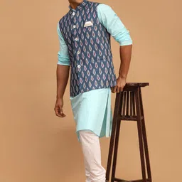 VASTRAMAY Men Solid Straight Kurta with Churidar & With Printed Nehru Jacket image 5
