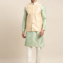 SOJANYA Men Green Ethnic Motifs Woven Design Kurta & Churidar Comes With a Nehru Jacket-picture-28