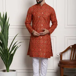 SOJANYA Ethnic Motifs Printed Band Collar Straight Kurta With Churidar-image-21
