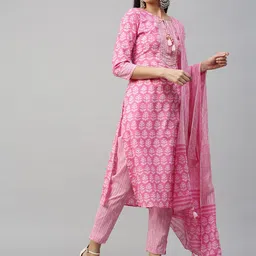 FASHOR Women Pink Floral Printed Pure Cotton Kurta with Trousers & With Dupatta-39