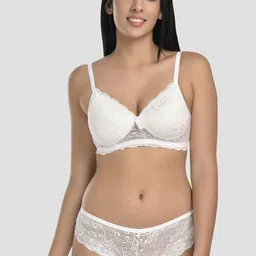 FIMS Women White Lace Patterned Full Coverage Lingerie Set-image-1