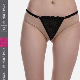 FIMS Women Pack Of 2 Anti Microbial Low Rise Thong Briefs Net_Thong_Panty_BlackRani_FS-146
