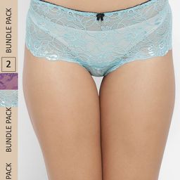 N-Gal Women Blue & Violet  Pack of 2 Self-Design Laced Boyshort Briefs-image-79