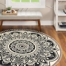 MASU LIVING Off White & Black Ethnic Motifs Pure Cotton Round Meditation Mat-12