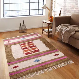 ROMEE White & Brown Self-Design Ethnic Motifs Chenille Dhurrie-56