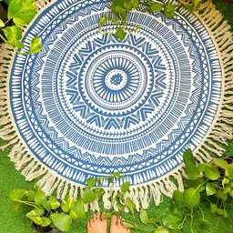 MASU LIVING White & Blue Ethnic Motifs Pure Cotton Round Meditation Mat-picture-34