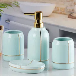 Kookee Blue & Gold Toned 4 Pieces Ceramic Bath Accessories Set-58