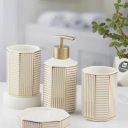 Kookee White & Gold Toned 4 Piece Abstract Ceramic Bath Accessories Set-65