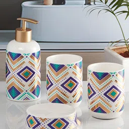 Kookee White 4 piece Abstract Ceramic Bath Accessories Set-19