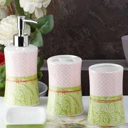 Kookee White & Green 4 piece Abstract Ceramic Bath Accessories Set-0