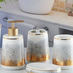 Kookee White & Gold Toned 4 Piece Abstract Ceramic Bath Accessories Set-50