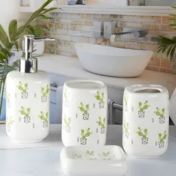 Kookee White & Green 4 Pieces Abstract Ceramic Bath Accessories Set-30