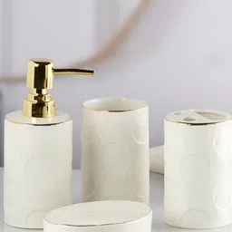 Kookee White & Gold Toned 4 Pieces Ceramic Textured Bath Accessories Set-55